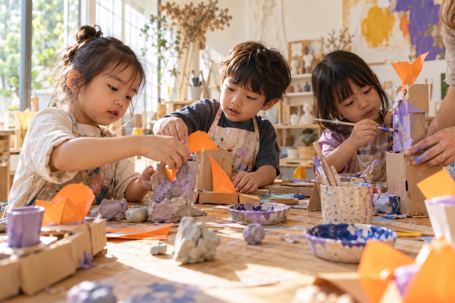 Children exploring paper, clay and paint together at a creative table